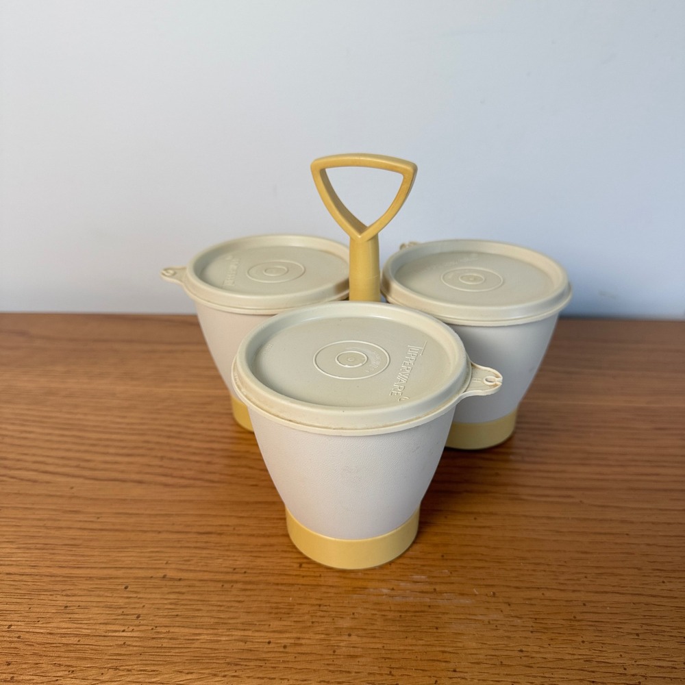 Vintage Tupperware Harvest Gold Condiment Caddy with 3 Cups and Lids